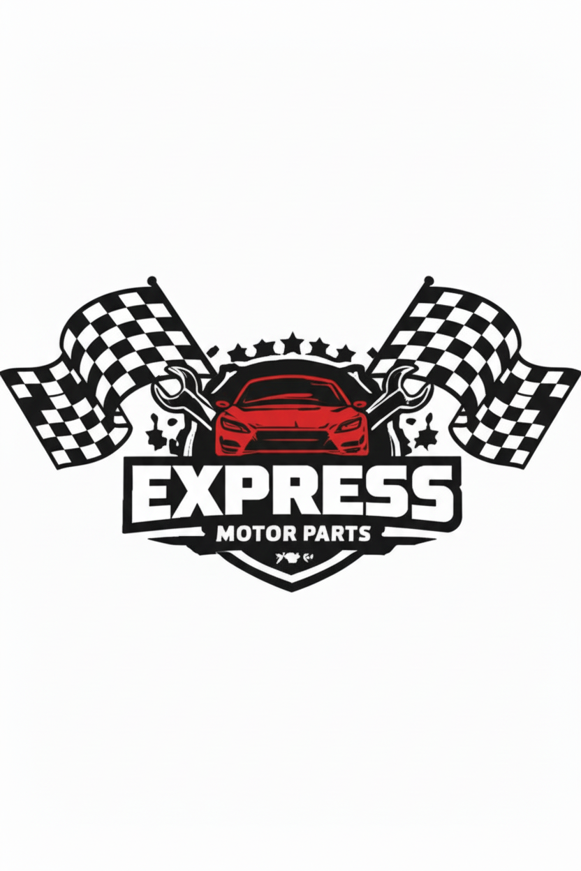 Express Motor Parts Logo with Red Car and Racing Flags